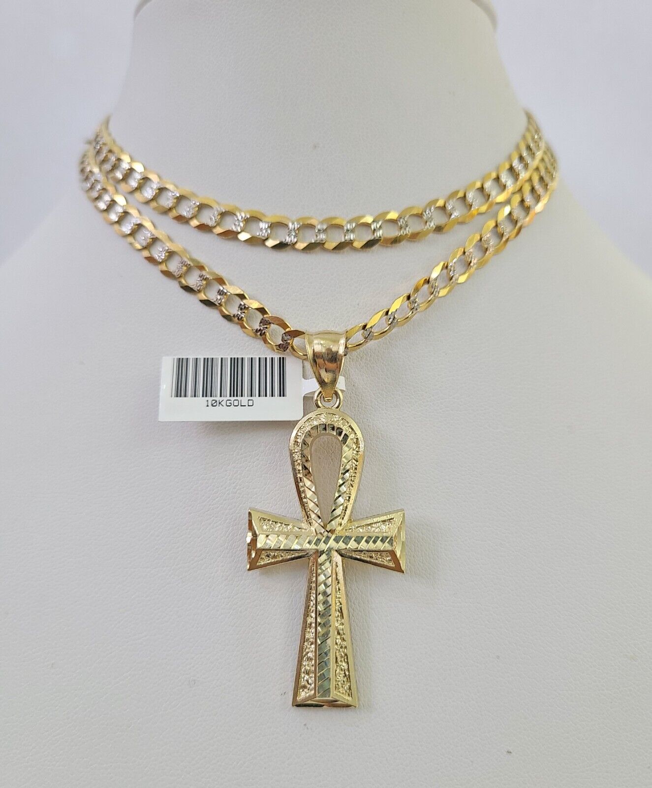 10k Solid Gold Cuban Curb Chain Jesus Cross Pendant 6mm 20"-30" SET Necklace