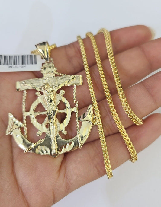 10K Franco Chain Jesus Anchor Pendant Charm Necklace 20"-26" 2.5mm Yellow Gold