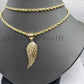 10k Yellow Gold Angel Wing Pendant Charm 10k Solid Rope palm Byzantine chain Set