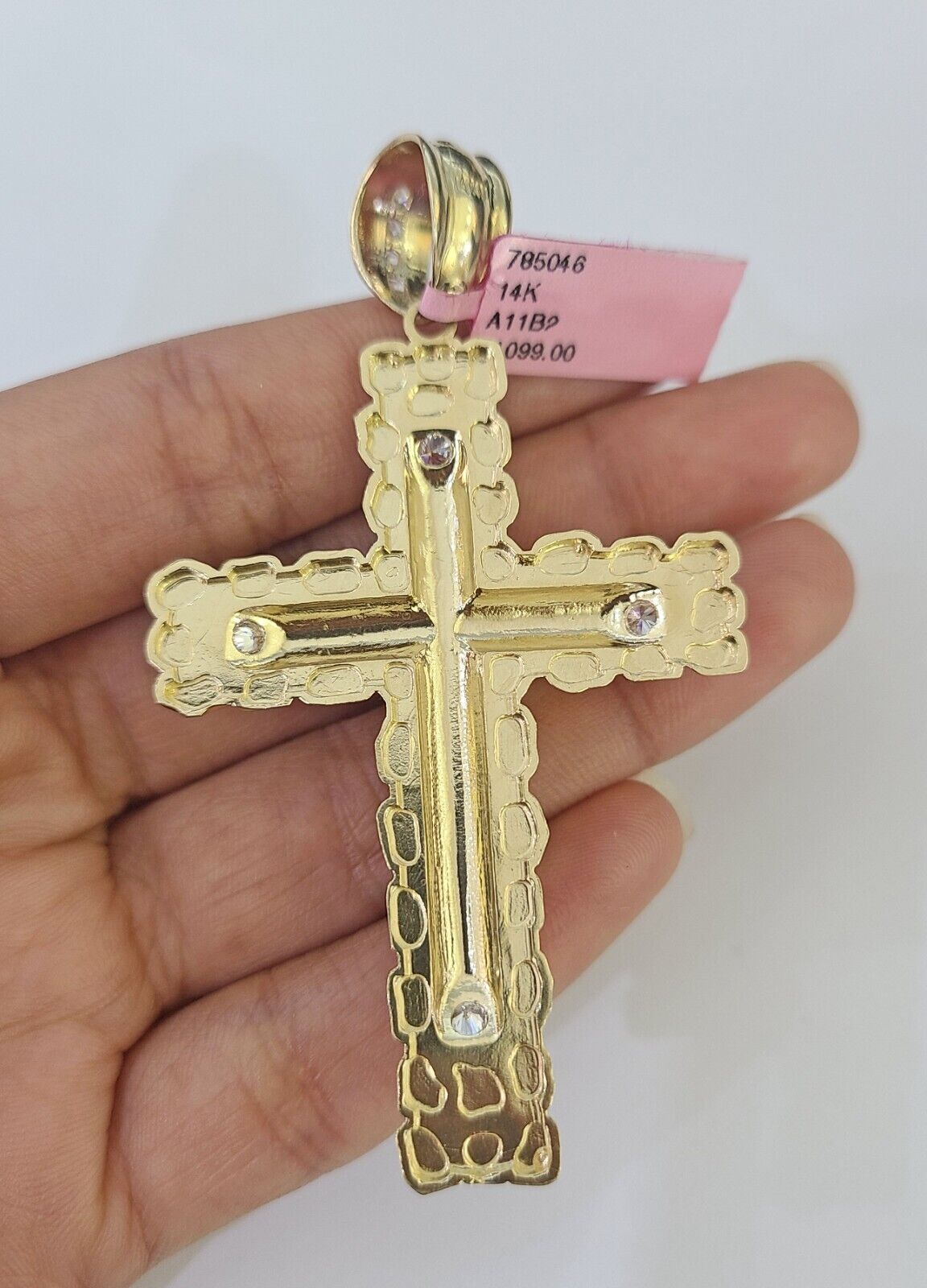 14k Yellow Gold Nugget Cross Charm Pendant Jesus REAL 14KT With Cubic Zirconia