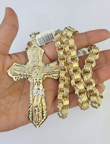 10k Gold Byzantine Necklace Jesus Cross Charm 20-30 inches 9mm REAL SET Chain