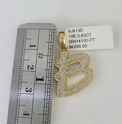 10k Miami Cuban Chain B Diamond Charm Set 4mm 18-26"Yellow Gold Necklace Pendant