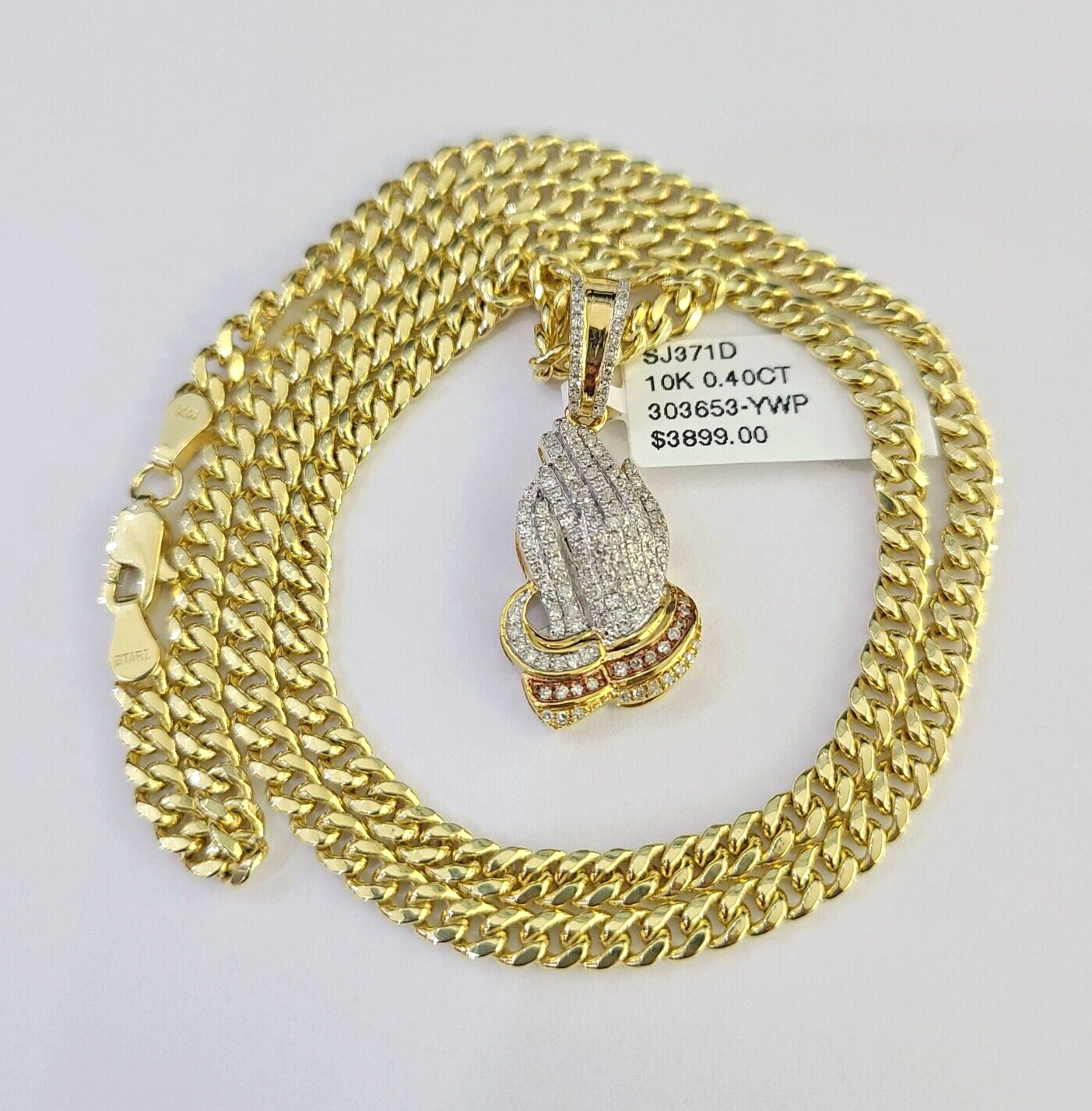 10k Miami Cuban Chain Diamond Praying Hands Charm Set 4mm 18"-28" Necklace Gold