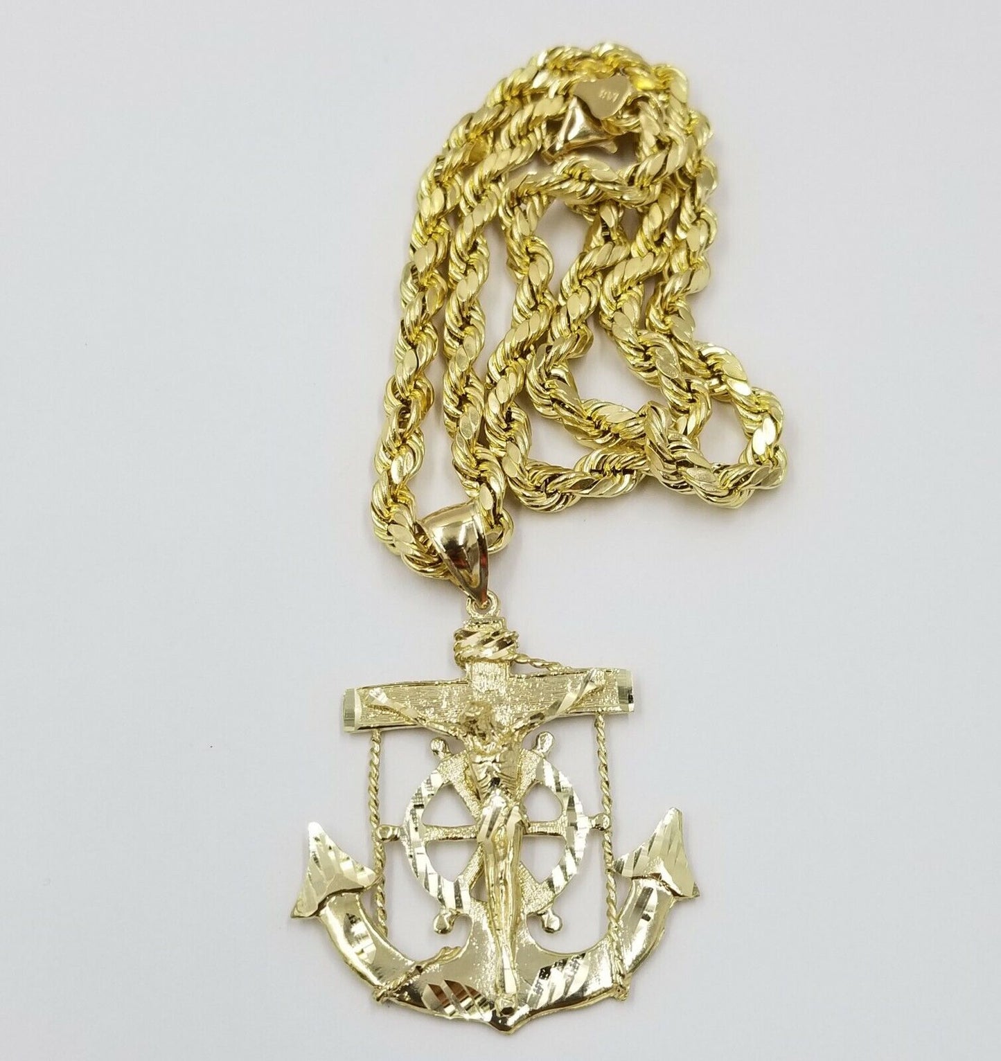 10k Gold Anchor charm pendant & Rope chain necklace 6mm 20"-30" Men's Real SET