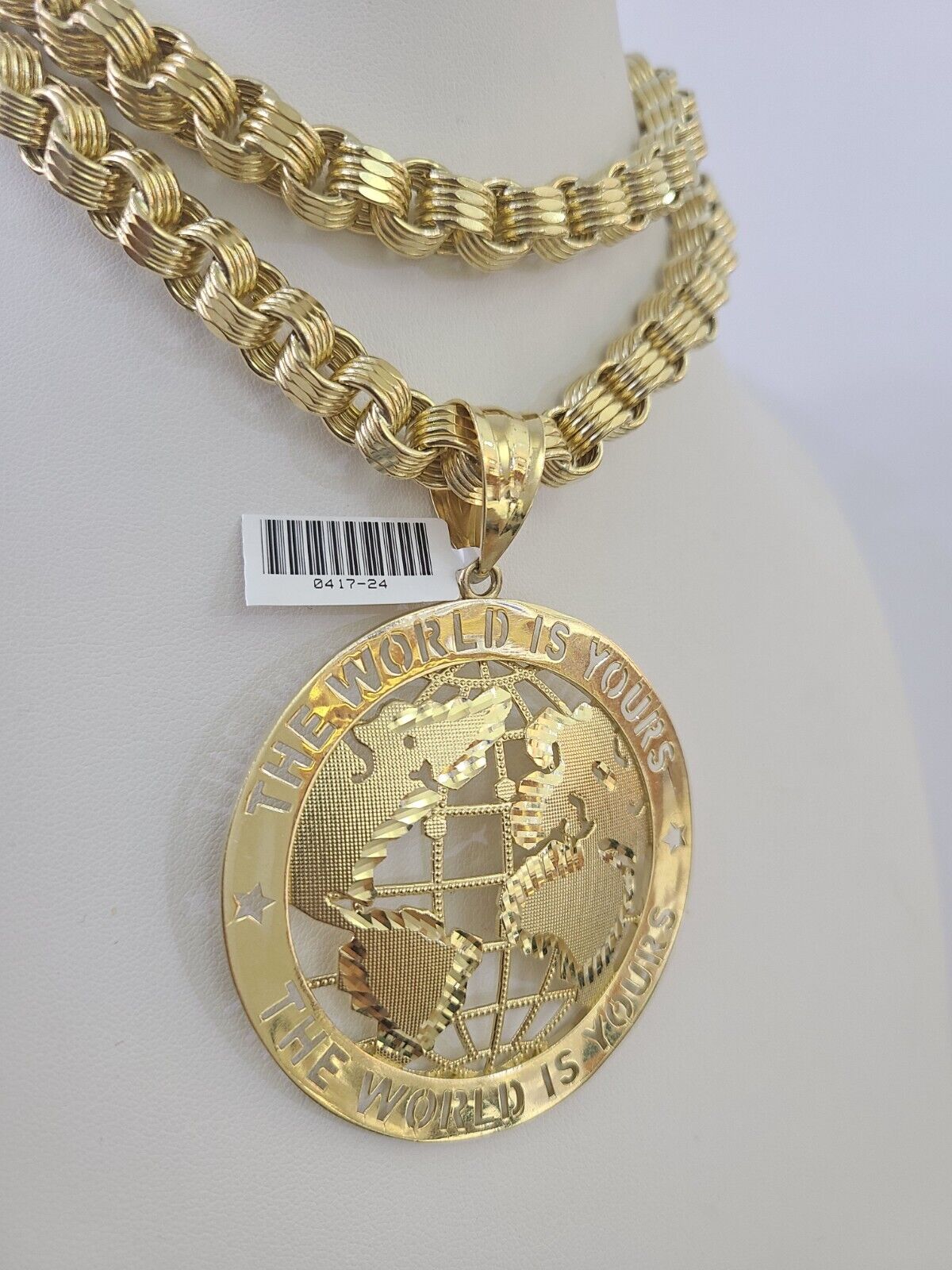 10k Gold Byzantine Necklace World is Yours Charm 20-30 inches 9mm REAL SET Chain