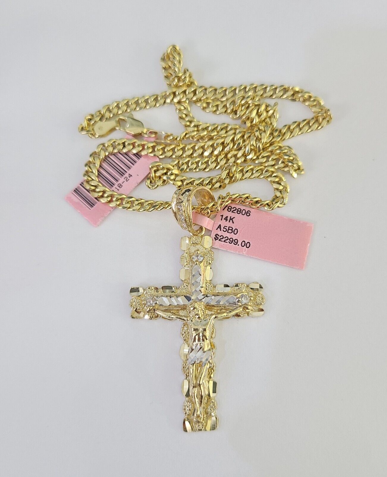 Real 14k Chain Cross Charm Set Miami Cuban Link 4mm Necklace Pendant Yellow Gold