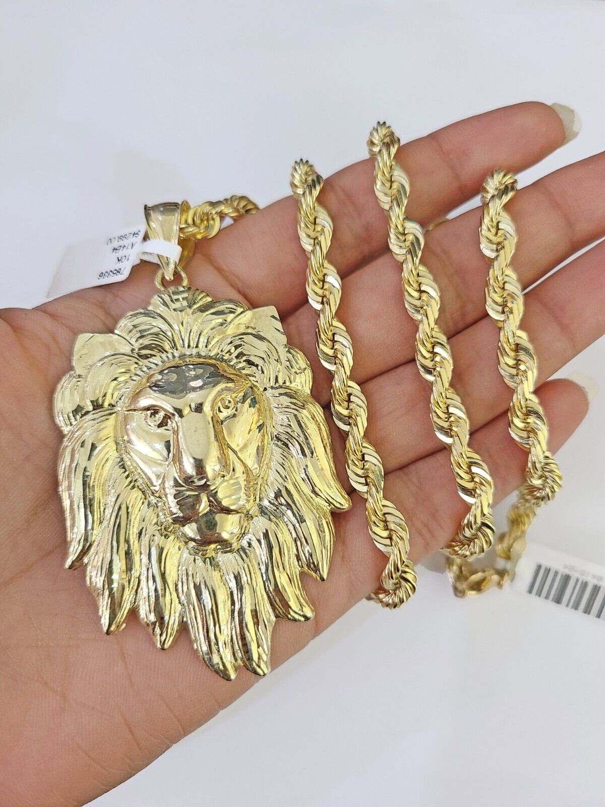 Real 10k Solid Rope Chain Lion Charm Set 6mm 20"-30" Inch Necklace Yellow Gold