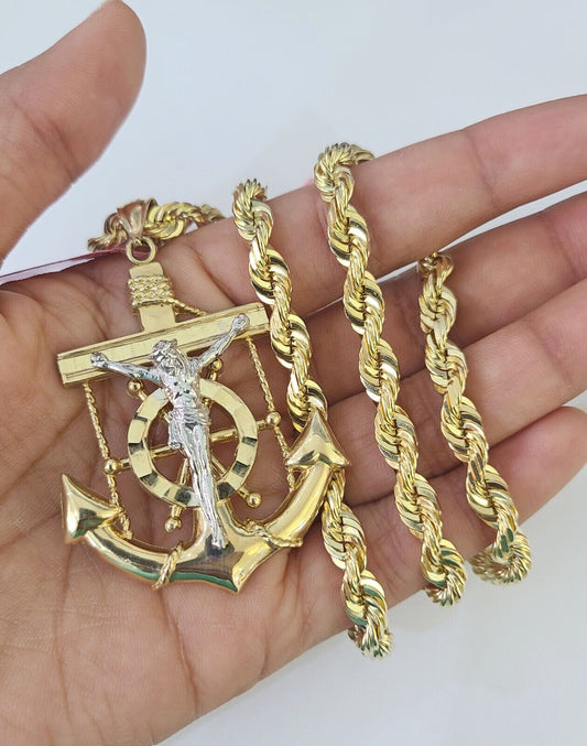 Real 14k Solid Rope Chain Jesus Anchor Charm Set 6mm 18"-30" Necklace Gold