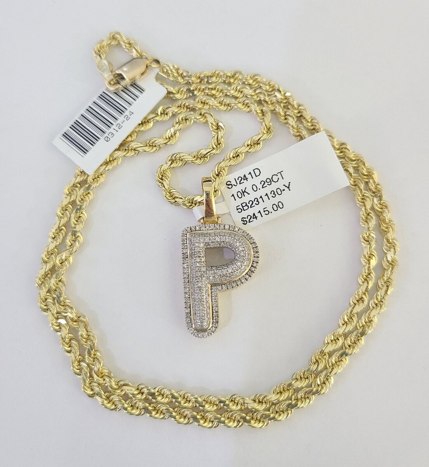 10k 3mm Rope Solid Chain P Diamond Pendant Alphabet 18"-28" Gold Charm Necklace