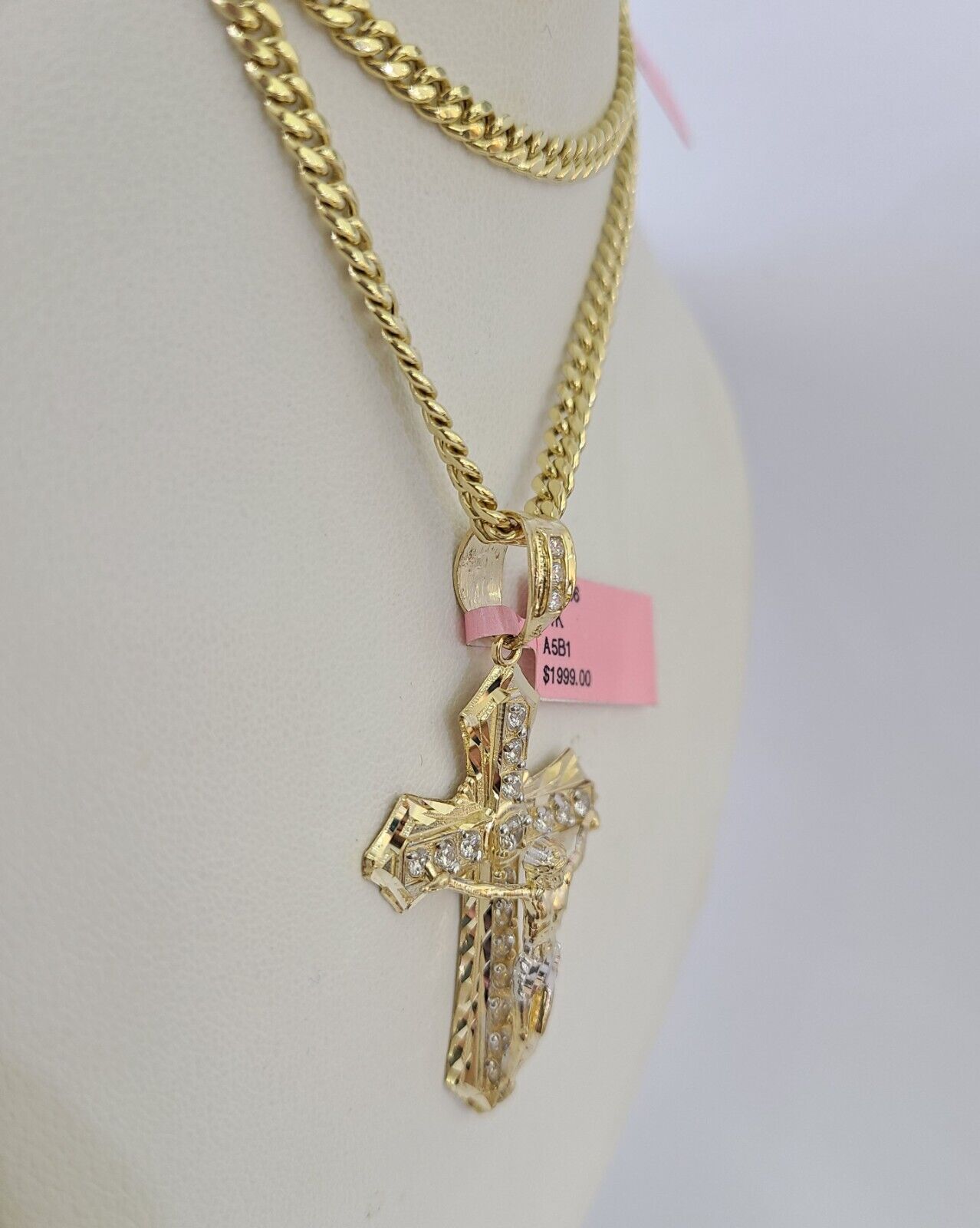 Real 14k Chain Cross Charm Set Miami Cuban Link 4mm Necklace Pendant Yellow Gold