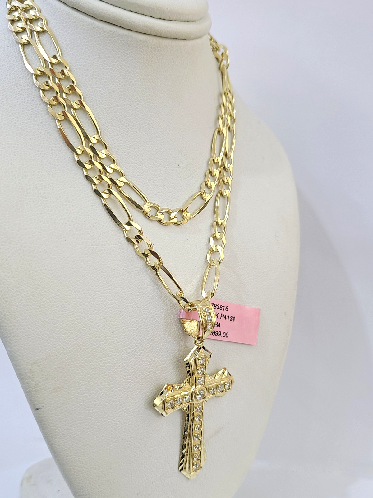 14k Solid Figaro Chain Jesus Cross Pendant Gold 4mm 18"-28" SET Necklace