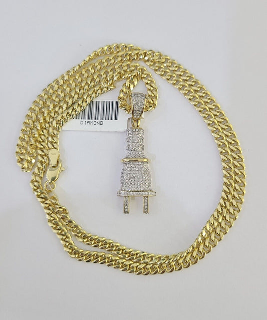 10k Miami Cuban Chain Plug Socket Charm Diamond Set 4.5mm 20"-28" Necklace Gold