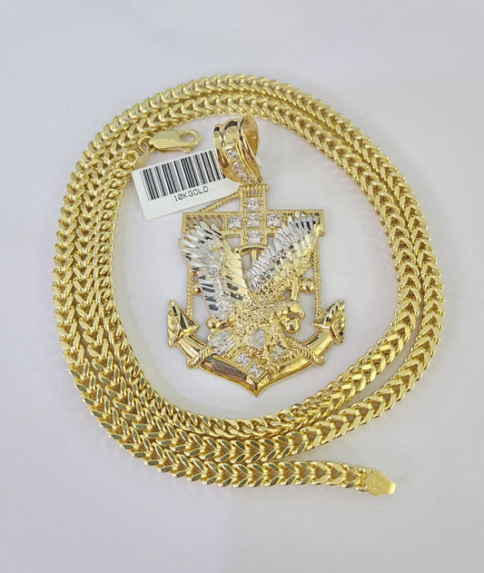 10K Franco Chain Eagle Anchor Pendant Charm Necklace 20"-28" 4mm Yellow Gold SET