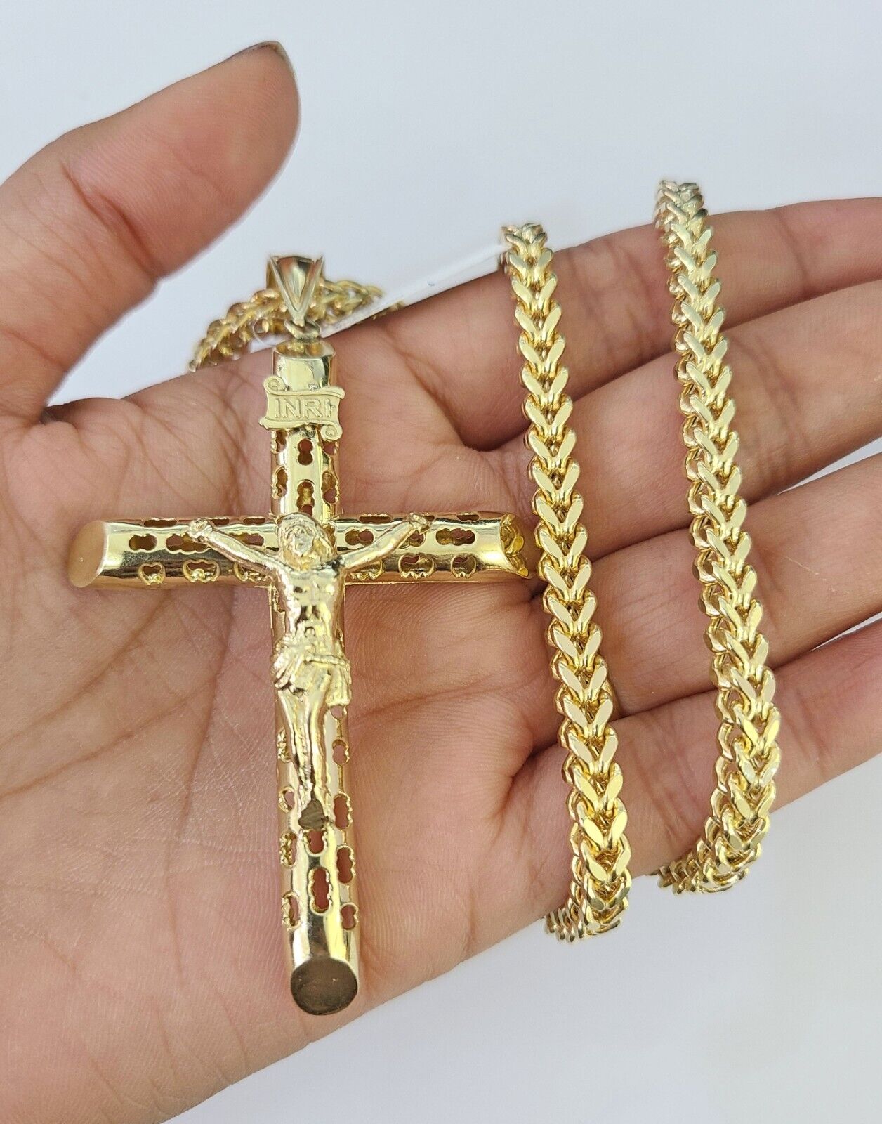 10K Franco Chain INRI Jesus Cross Pendant Charm Necklace 20"-26" 5mm Gold SET