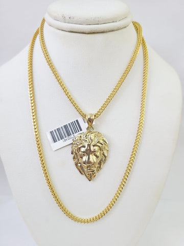 10K Franco Chain Roaring Lion Pendant Charm Necklace 20"-26" 2.5mm Yellow Gold