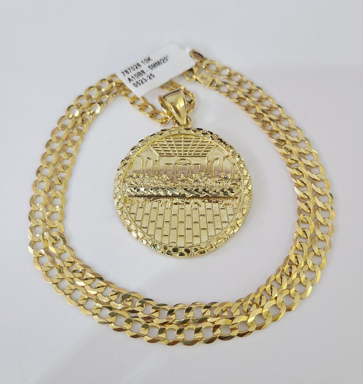 10k Gold Chain Last Supper Nugget Pendant Cuban Curb Link 5mm 18"-28" Inch SET