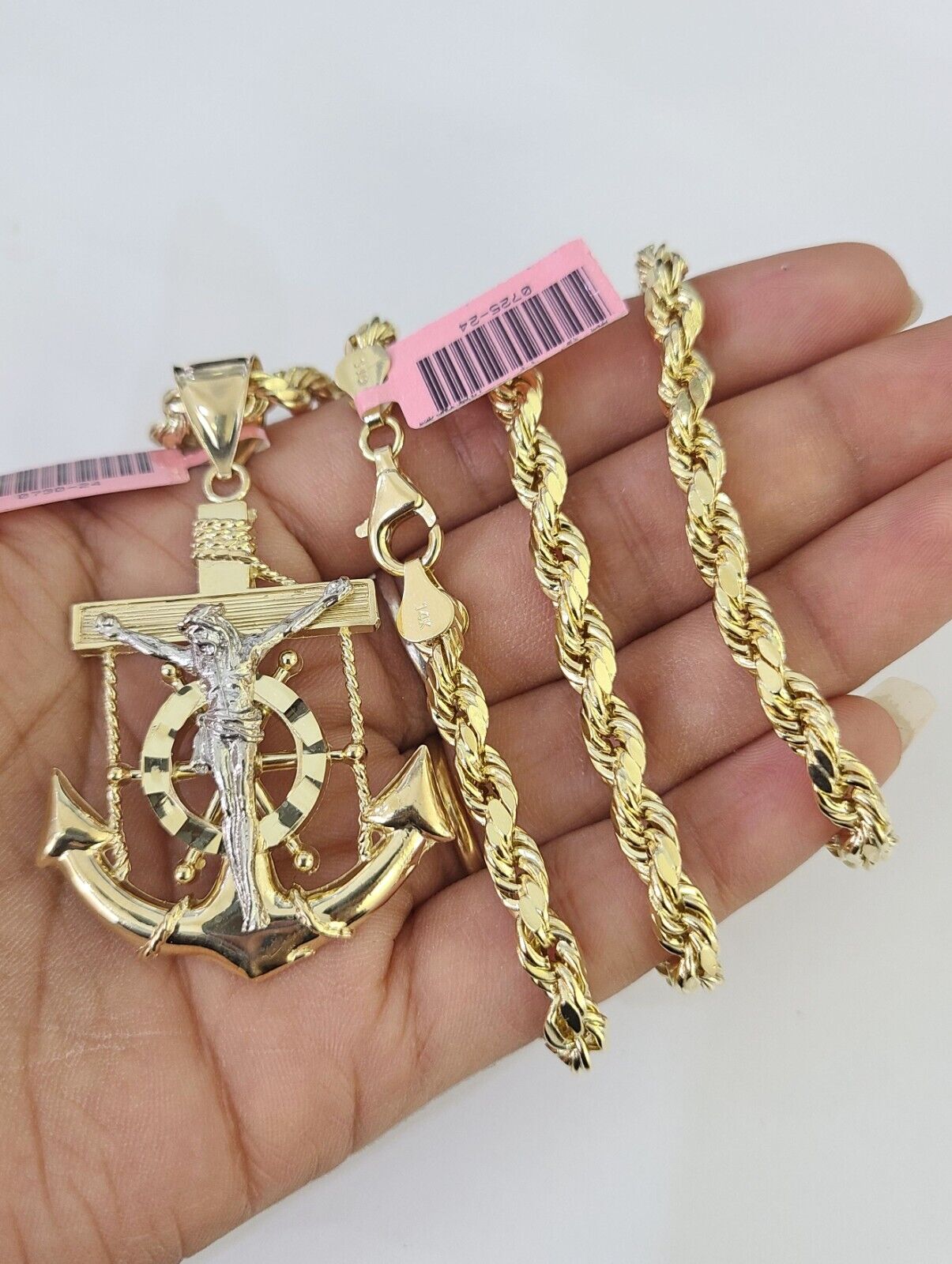 Real 14k Rope Chain Jesus Anchor Charm Set 6mm 18"-28" Necklace Yellow Gold