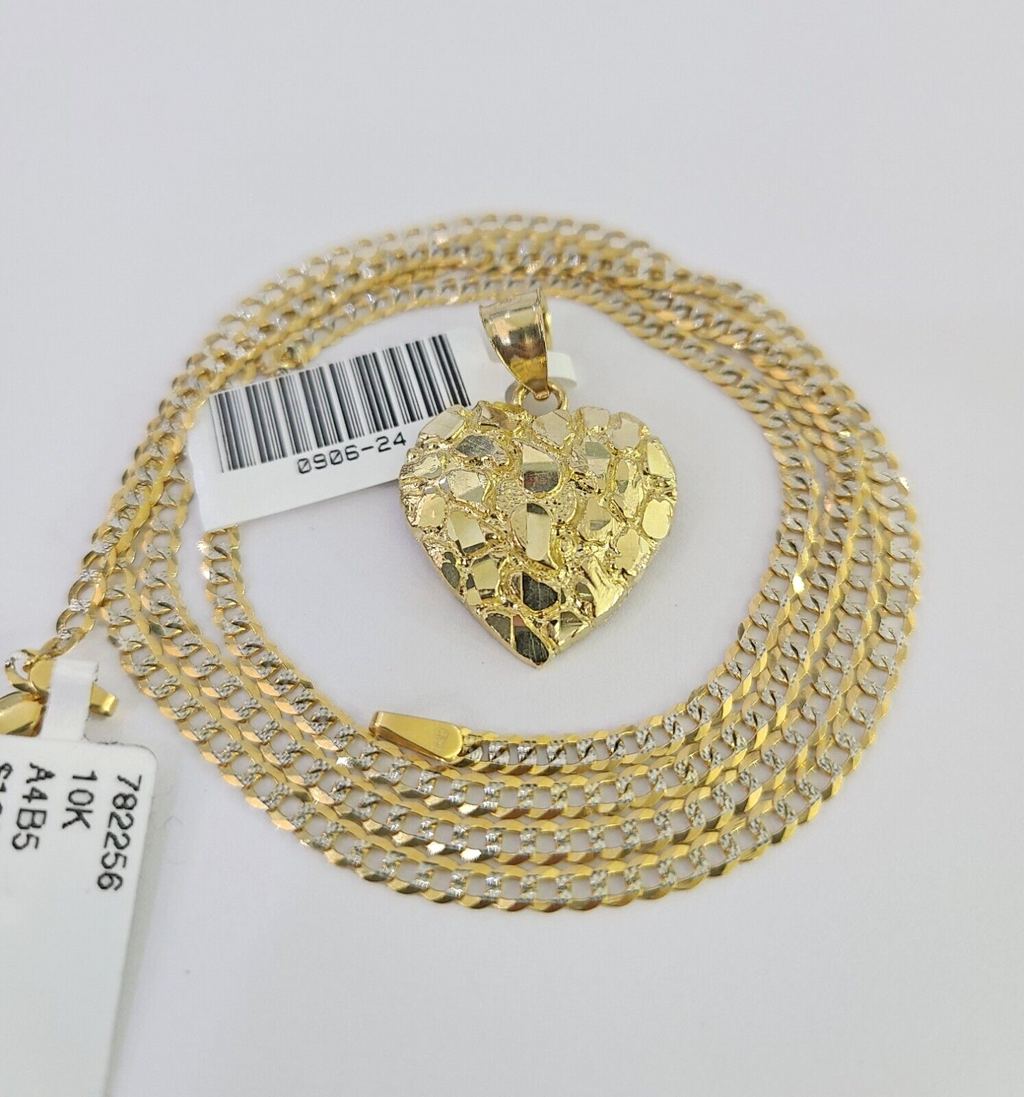 10k Solid Gold Cuban Curb Chain Hearts Pendant 2mm 18"-24" SET Necklace