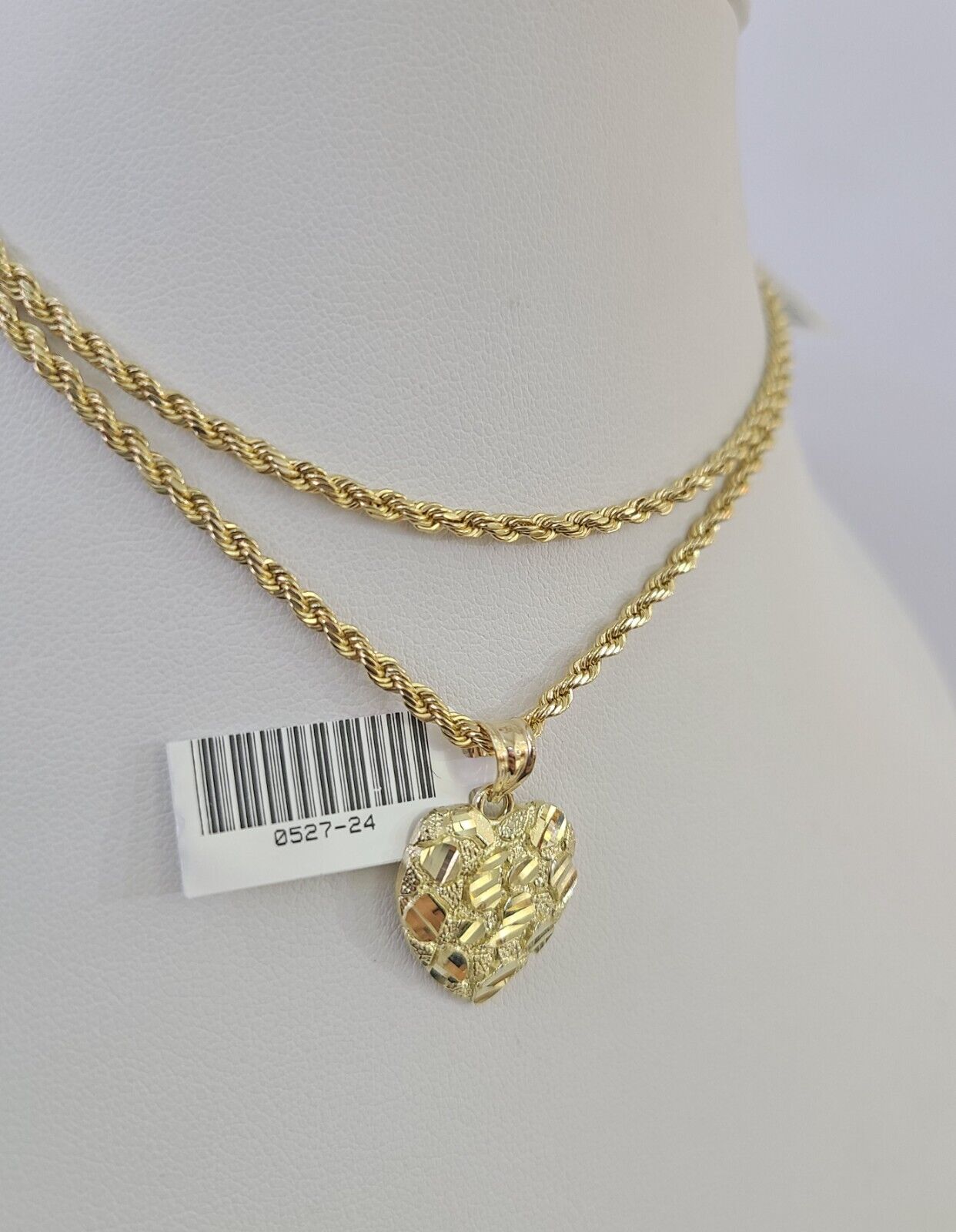 10k 2.5mm Rope Chain Nugget Heart Pendant 18"-30" Yellow Gold Set Charm Necklace