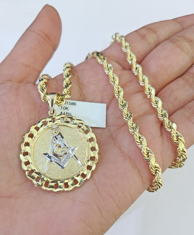 10k Yellow Gold Rope Chain Masonic Charm Set 4mm 18"-26"Inch Necklace
