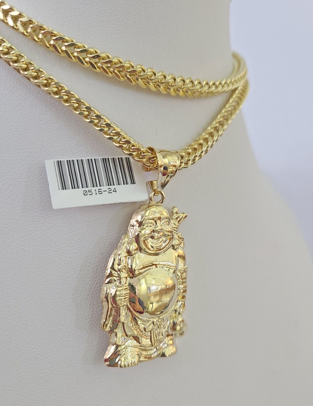 10K Franco Chain Laughing Buddha Pendant Charm Necklace 20"-28" 4mm Gold SET