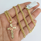 10k Gold Chain Miami Cuban Jesus Cross Charm Pendant Set 4mm 18"28" Necklace