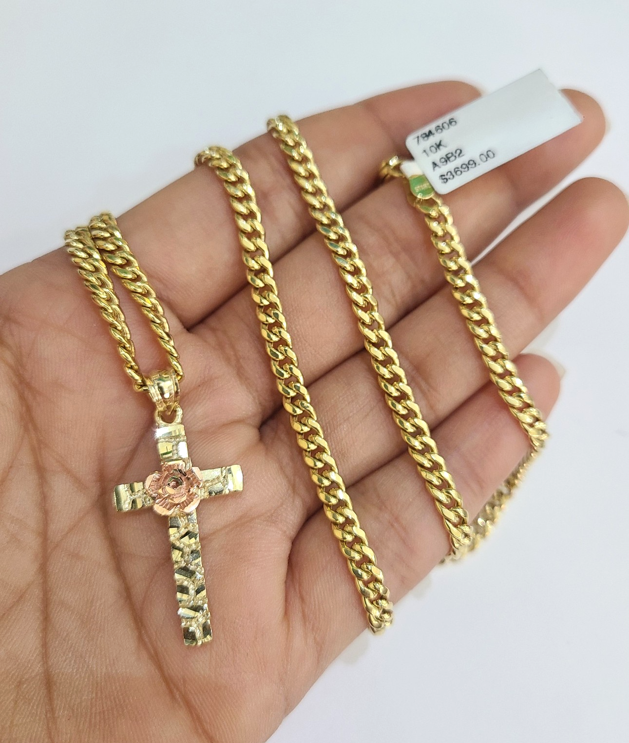 10k Gold Chain Miami Cuban Jesus Cross Charm Pendant Set 4mm 18"28" Necklace
