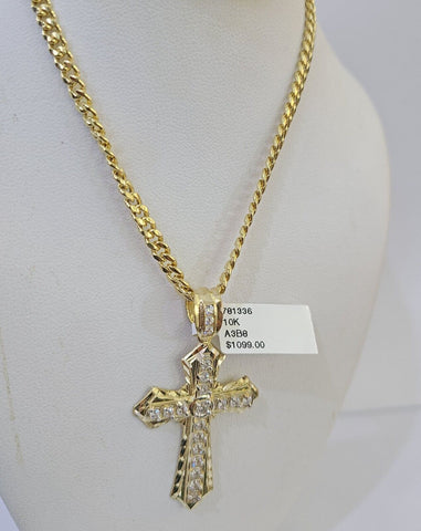 Real 10k Yellow Gold Chain Cross Charm Pendant Set Miami Cuban Link Necklace 4mm
