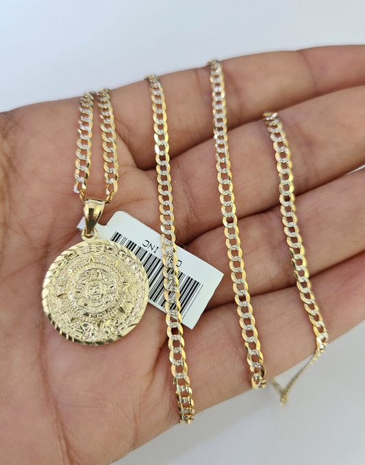 10k Solid Gold Cuban Curb Chain Mayan Calendar Pendant 2mm 18"-24" SET Necklace