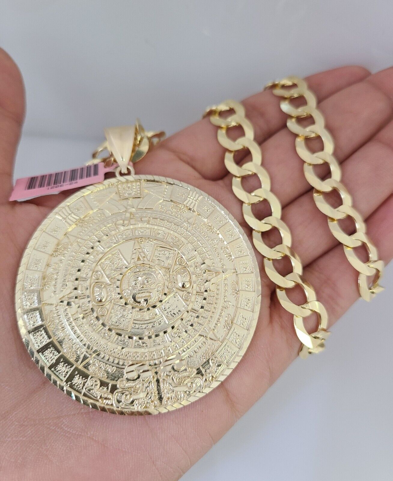 14k Gold Chain Mayan Calendar Charm Solid Cuban Curb 10mm 20"-30" SET Necklace