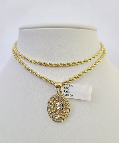 10k Solid Rope Chain 3mm Crown Pendant Charm Necklace SET 18-26 in