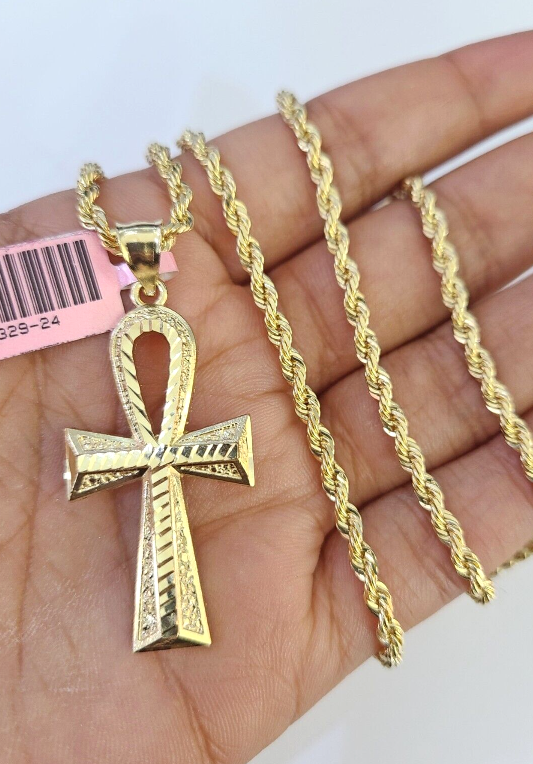 Real 14k Solid Rope Chain Jesus Ankh Cross Charm Set 3mm 18"-26" Necklace Gold