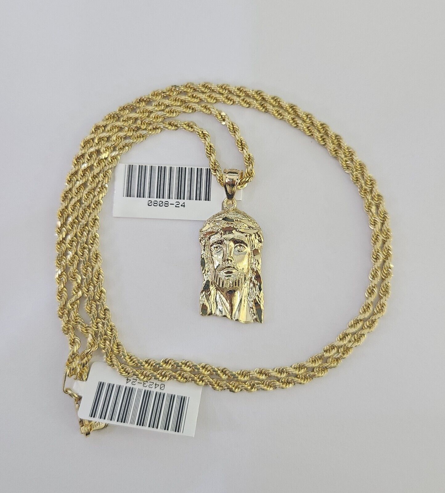 10k 2.5mm Rope Chain Jesus Head Pendant 18"-30" Yellow Gold Set Charm Necklace