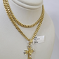 10k Gold Chain Miami Cuban Jesus Cross Charm Pendant Set 4mm 18"-28" Necklace