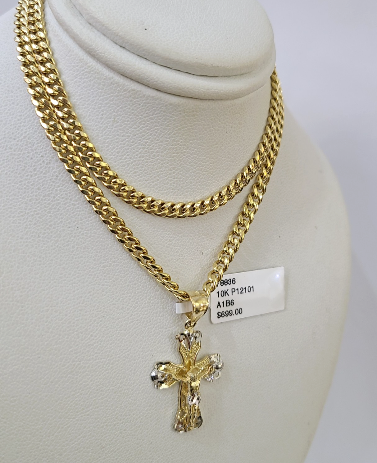 10k Gold Chain Miami Cuban Jesus Cross Charm Pendant Set 4mm 18"-28" Necklace