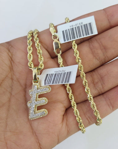 10k 3mm Rope Solid Chain E Diamond Pendant Alphabet 18"-28" Gold Charm Necklace