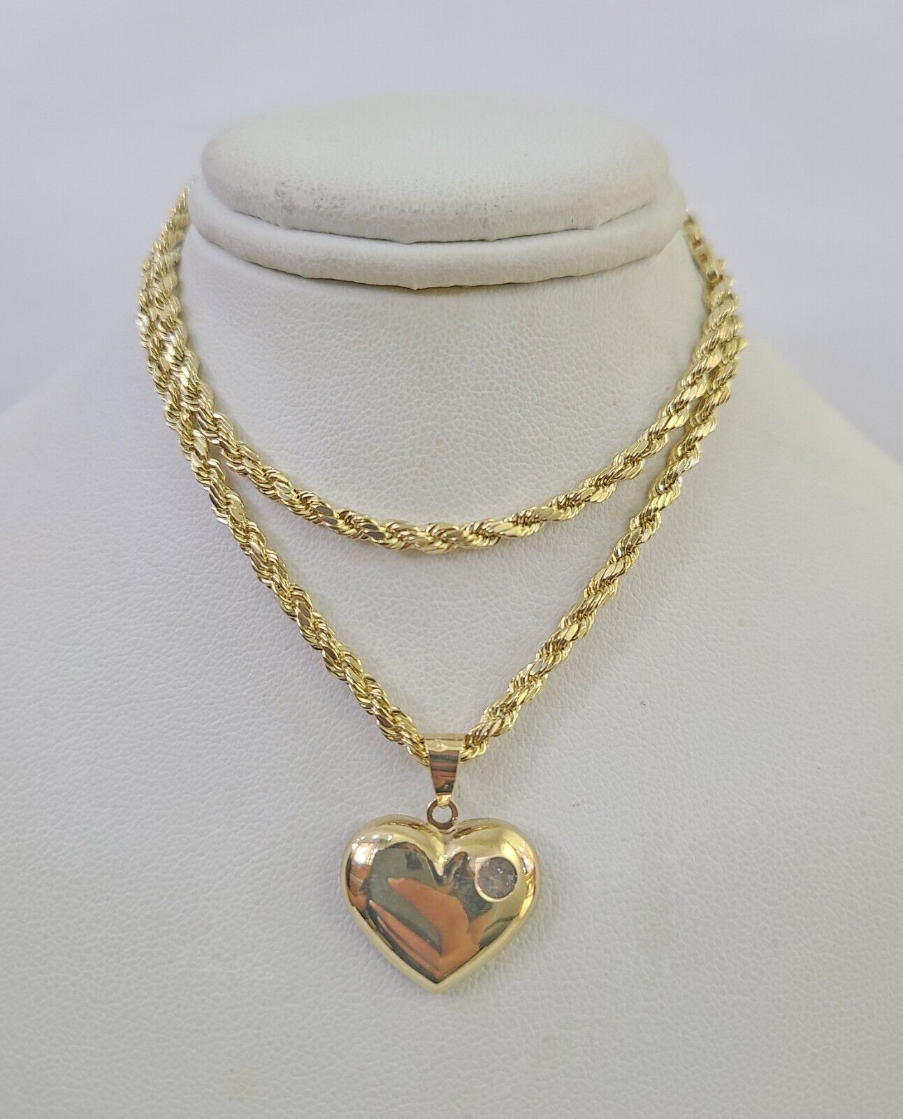 Real 10k Rope Chain Heart Charm Pendant SET Necklace 3mm 18"-24" Ladies