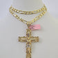 14k Figaro Chain Jesus Cross Charm Pendant Gold 7mm 20-30 inch SET Necklace