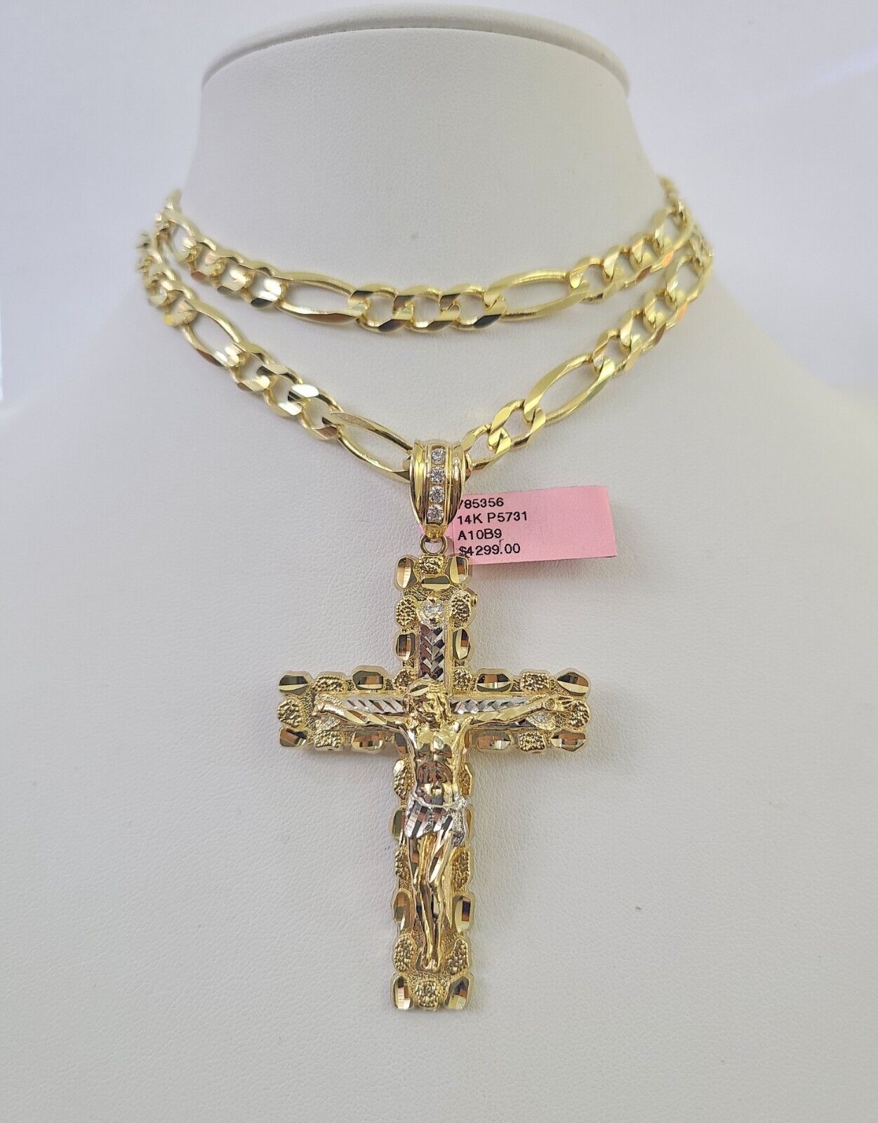 14k Figaro Chain Jesus Cross Charm Pendant Gold 7mm 20-30 inch SET Necklace