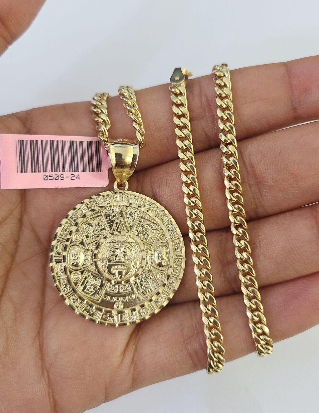 Real 14k Chain Mayan Calendar Charm Set Miami Cuban Link 4mm Necklace Pendant