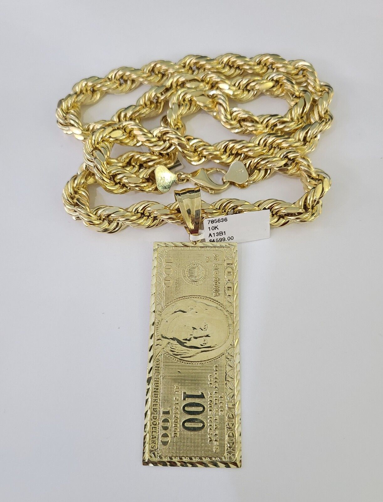 Real 10k Rope Chain 100 Money Dollar Charm Set 10mm 20"-30" Inch Necklace Gold
