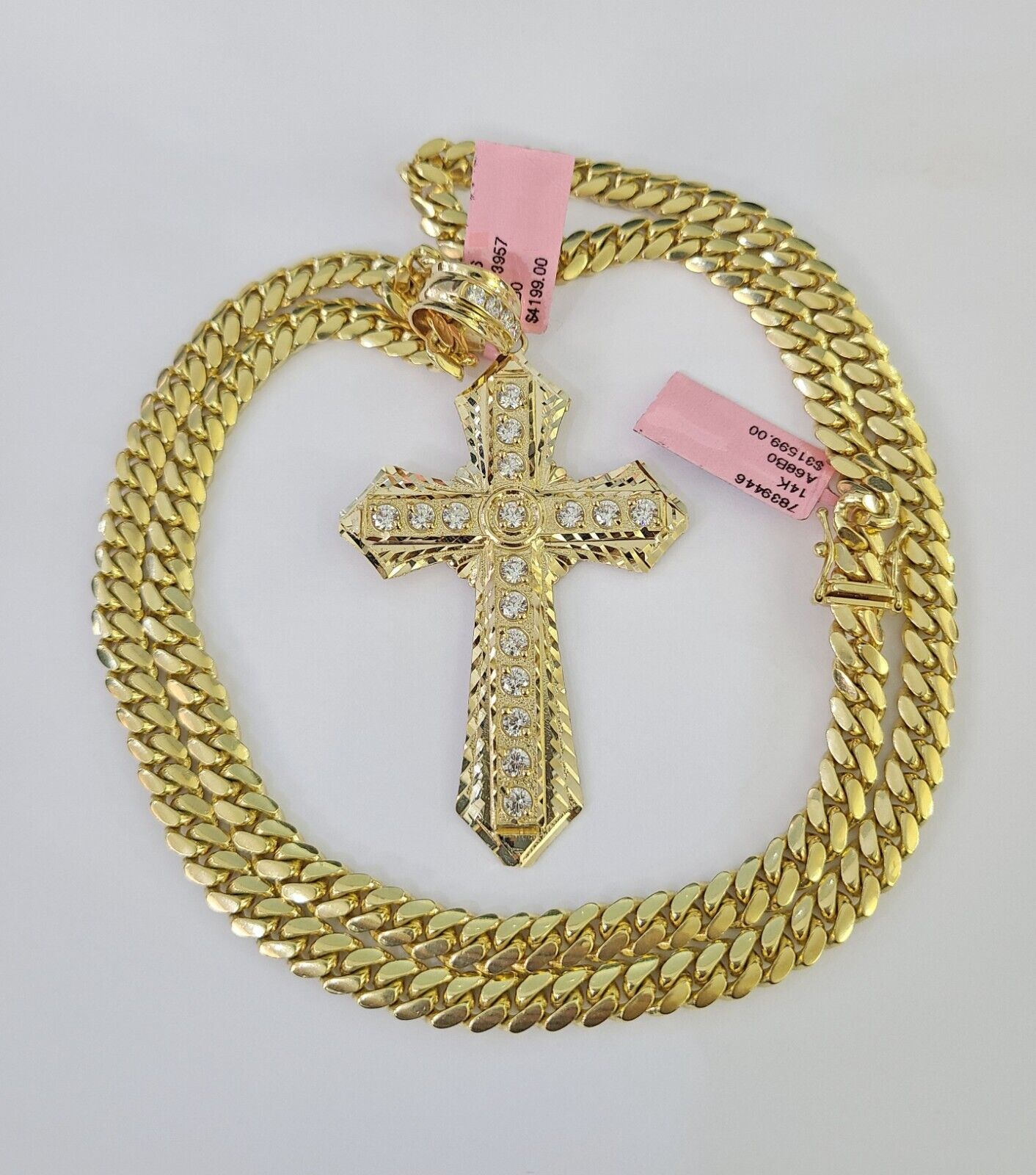 Real 14k Solid Chain Cross Charm Set Miami Cuban Link 6mm Necklace Pendant Gold