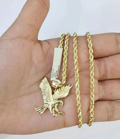 Real 10k Solid Rope Chain Flying Eagle Charm Pendant SET Necklace 3mm 20-30 Inch