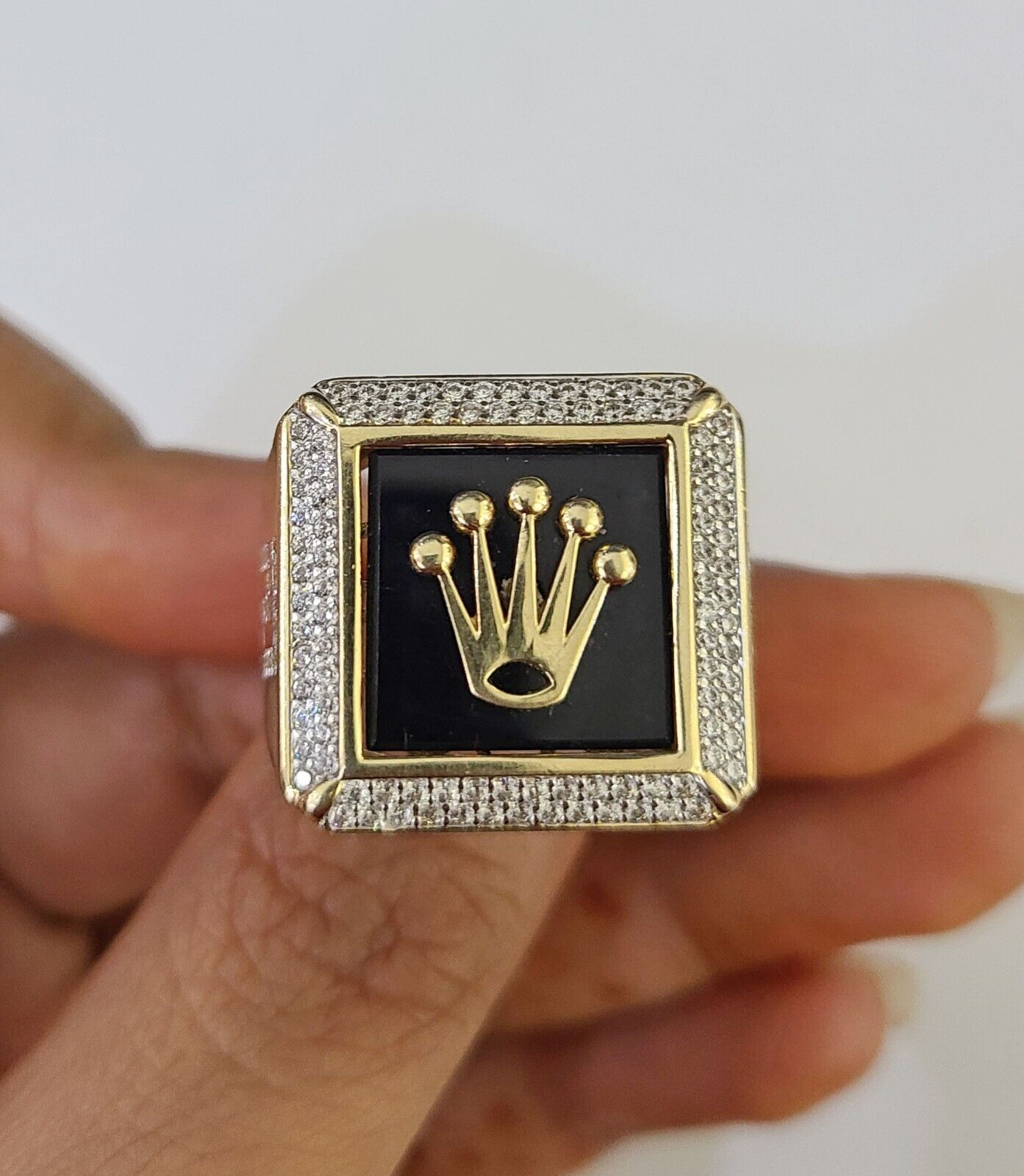 Real 10k Ring Crown Fancy Black Design Yellow Gold Men Casual 10kt