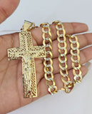 10k Gold Chain Cross Charm Solid Cuban Curb Necklace 9mm 20"-30" Diamond Cut SET