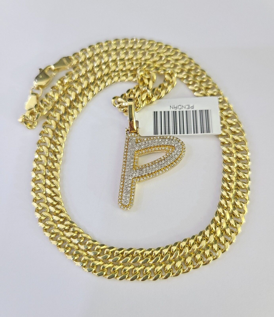 10k Miami Cuban Chain Diamond P Initial Charm Set 4mm 18"-28" Necklace Gold