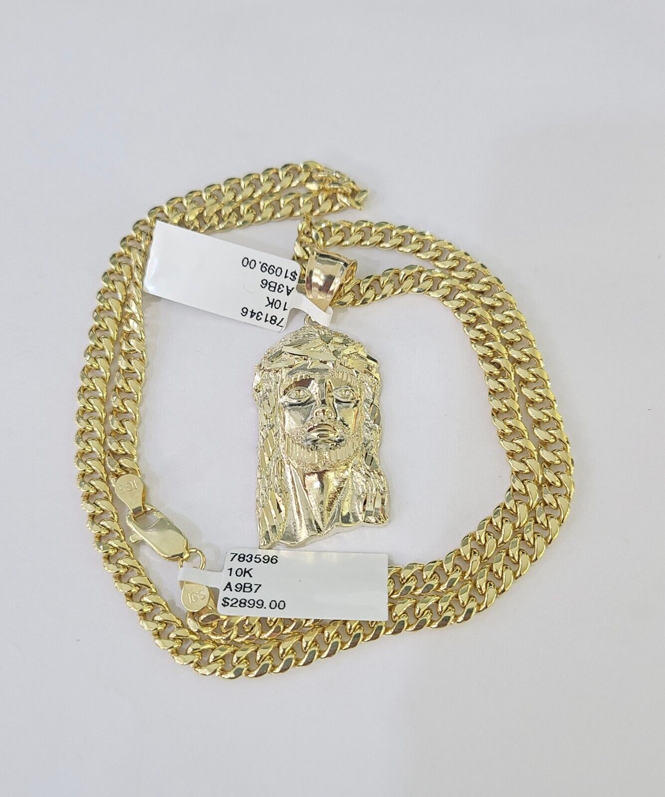 10k Yellow Gold Chain Jesus Head Charm Pendant Set 5mm Miami Cuban Link Necklace