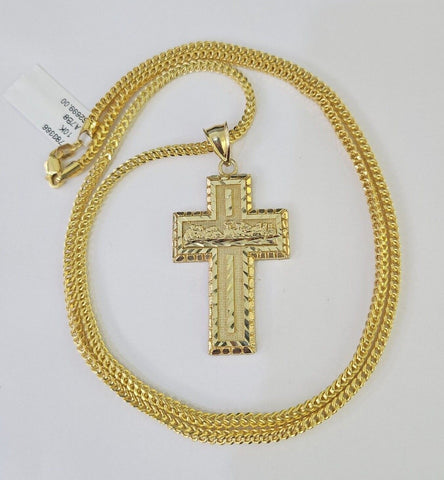 10K Franco Chain Last Supper Cross Pendant Charm Necklace 20"-26" 2.5mm Gold