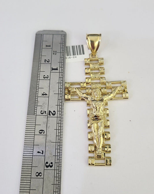 10k Gold Chain Cross Charm Solid Cuban Curb Necklace 9mm 20"-30" Diamond Cut SET