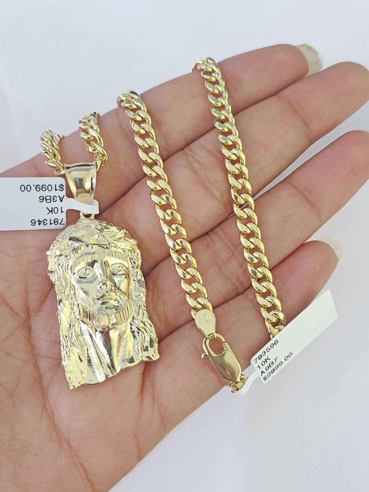 10k Yellow Gold Chain Jesus Head Charm Pendant Set 5mm Miami Cuban Link Necklace